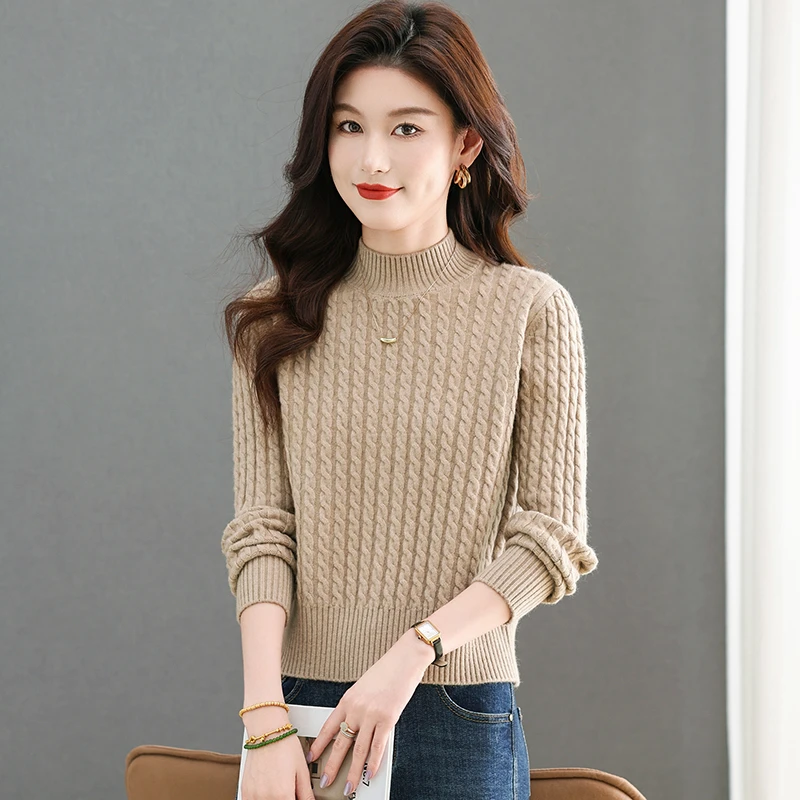 高腰短款毛衣女2024半高圆领秋冬新款内搭麻花针织衫打底衫妈妈装