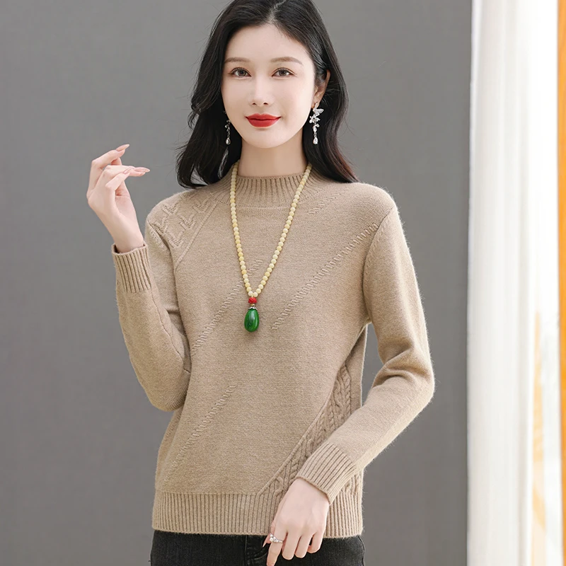 秋冬厚半高圆领针织打底衫2024年新款百搭宽松上衣套头保暖毛衣女