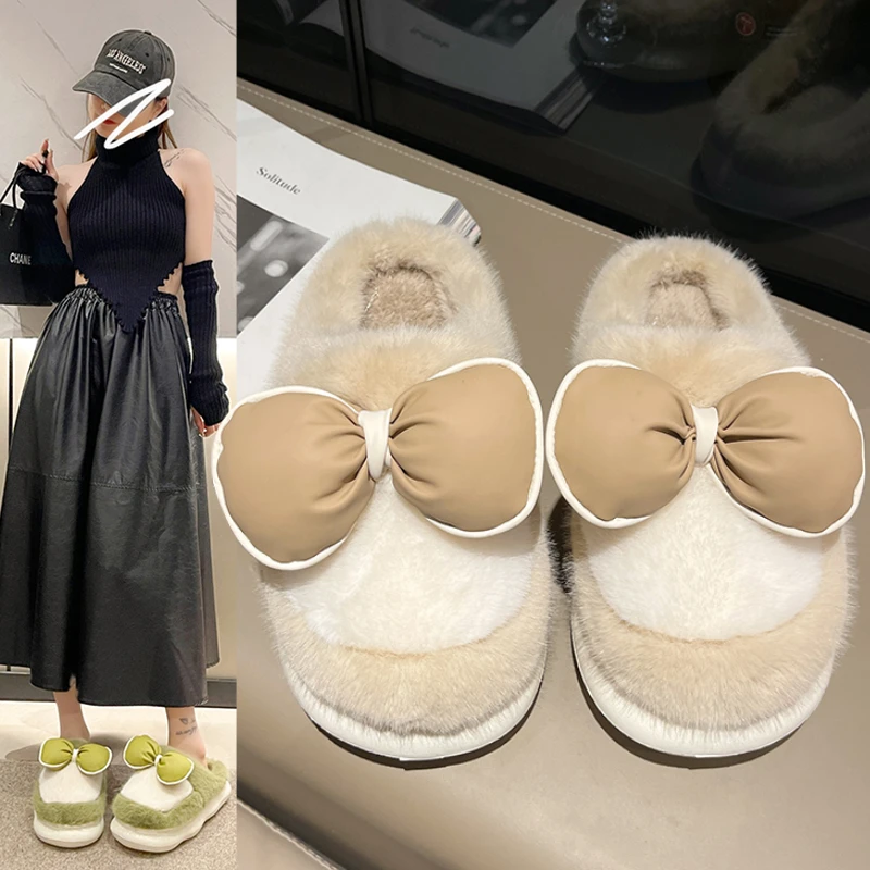 时尚蝴蝶结棉拖鞋女士冬季2023新款室内家居防滑厚底情侣棉拖鞋女