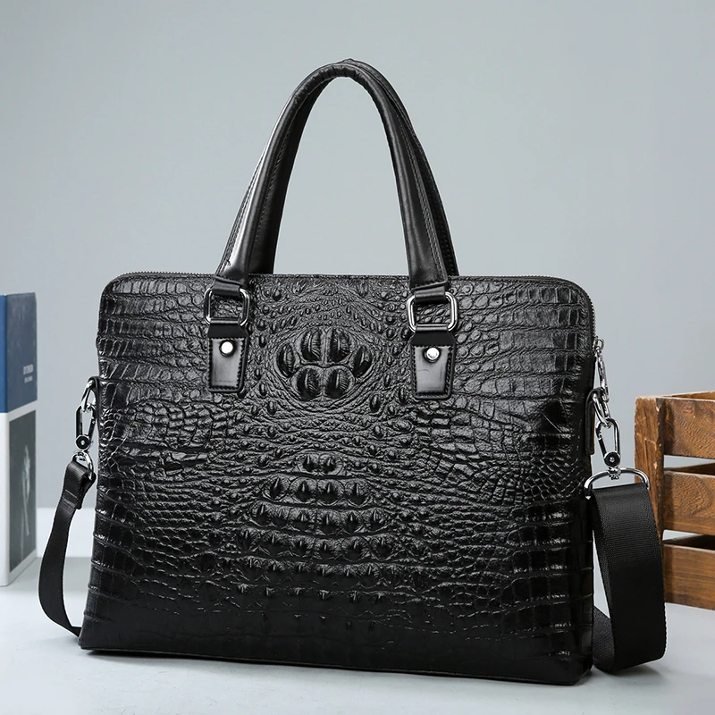 头层牛皮商务公文包电脑包压花鳄鱼纹真皮手提包结实耐用单肩包