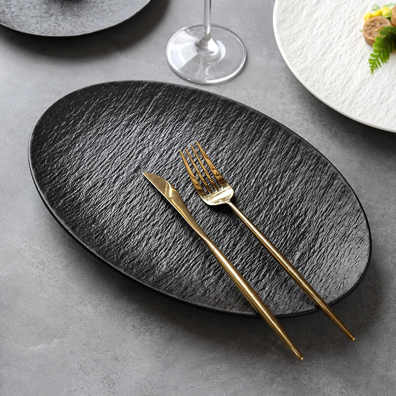 2023新款磨砂日式石纹鱼盘家用蒸鱼子高级感大号陶瓷菜盘寿司盘子