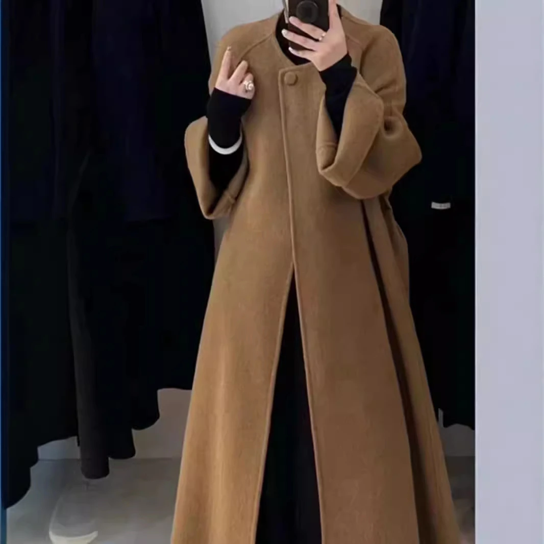 加长款千金赫本风双面羊毛大衣女慵懒系带A版圆领双面羊毛呢外套