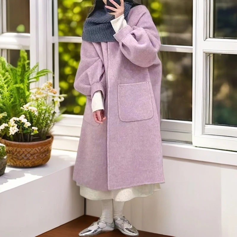 2023秋冬双面羊毛大衣女中长款加厚灯笼袖宽松高端外穿羊毛呢外套