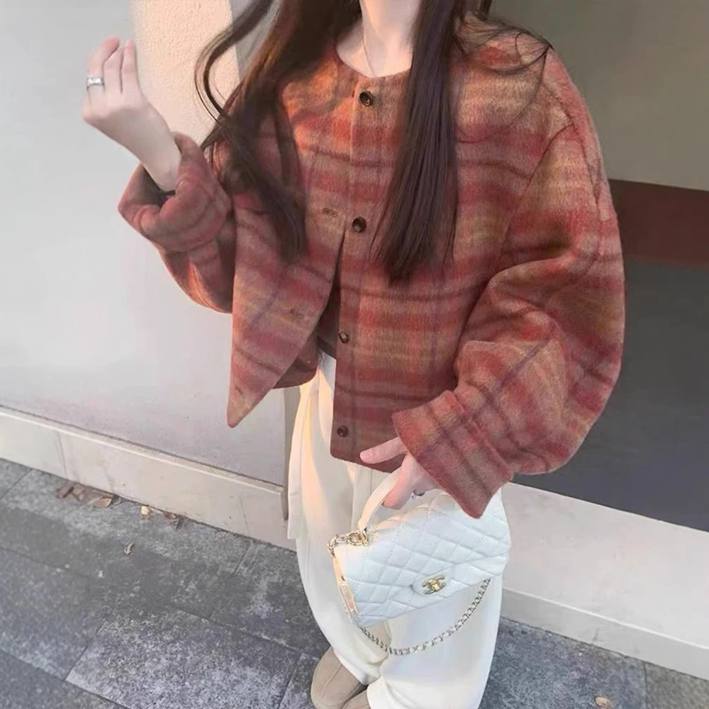 韩系格子双面羊绒大衣女短款阔版圆领单排扣秋冬新款羊毛呢子外套