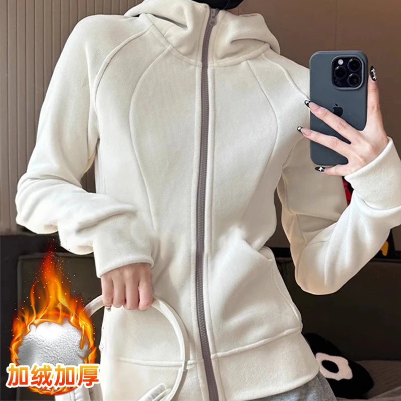 针距加绒加厚秋冬卫衣美式显瘦开衫女运动健身瑜伽外套拉链外套女