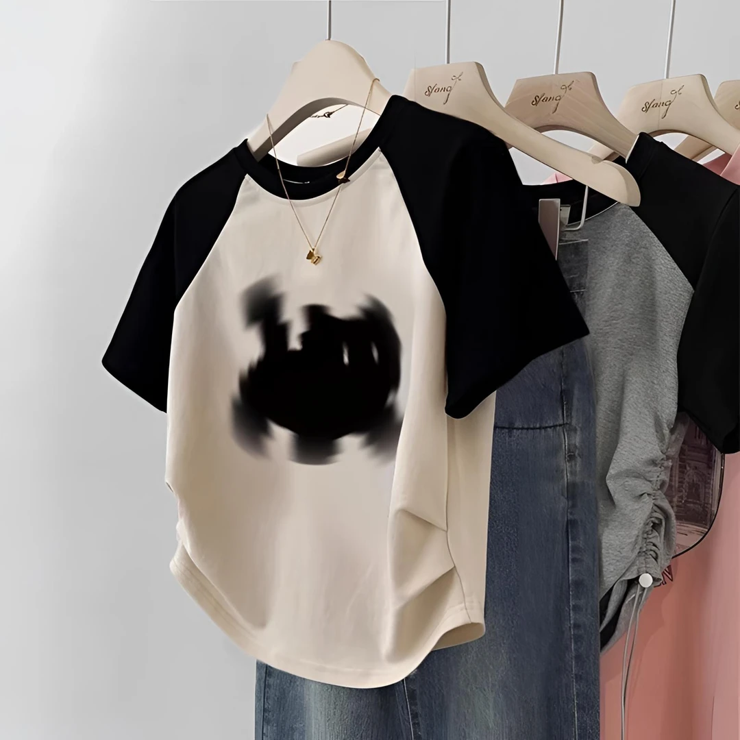 纯棉儿童短款T恤夏季女童ins洋气修身撞色插肩袖时髦短袖T恤衣服