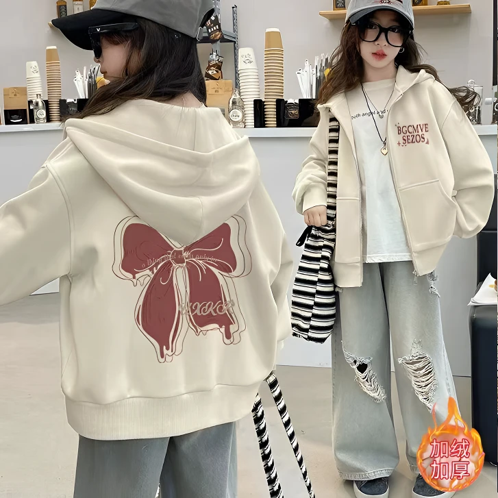 2024秋冬季女童开衫连帽卫衣加厚印花百搭中大童加绒拉链外套潮