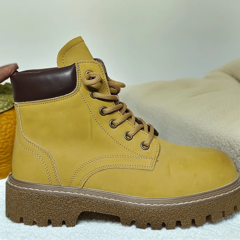 真皮时尚马丁靴女厚底大黄靴秋季高帮复古百搭英伦风秋冬经典黄色
