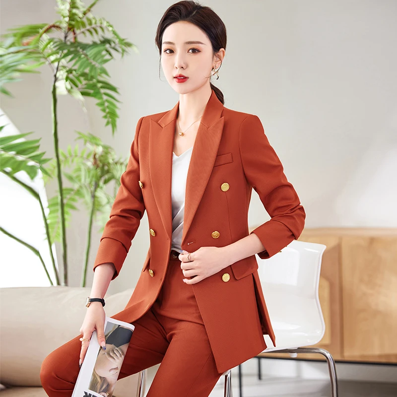 2025春季新款艾玛橙双排扣西服职业气质时尚韩版修身套装两件套装