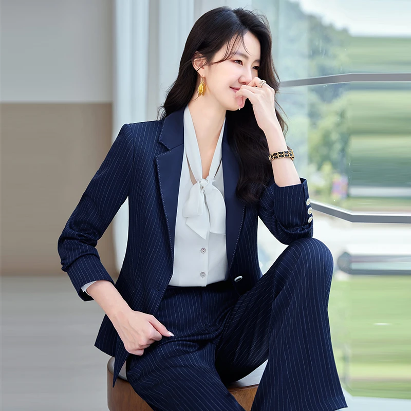 高端条纹西装套装女春秋新款职业气质女神范面试正装西服两件套潮
