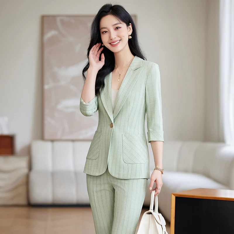 职业装西装套装女夏季薄款2025新款高级感小个子气质绿色西服外套