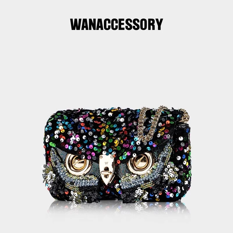 万蔻猫头鹰换脸包亮片小方包单肩手提斜挎女包原创