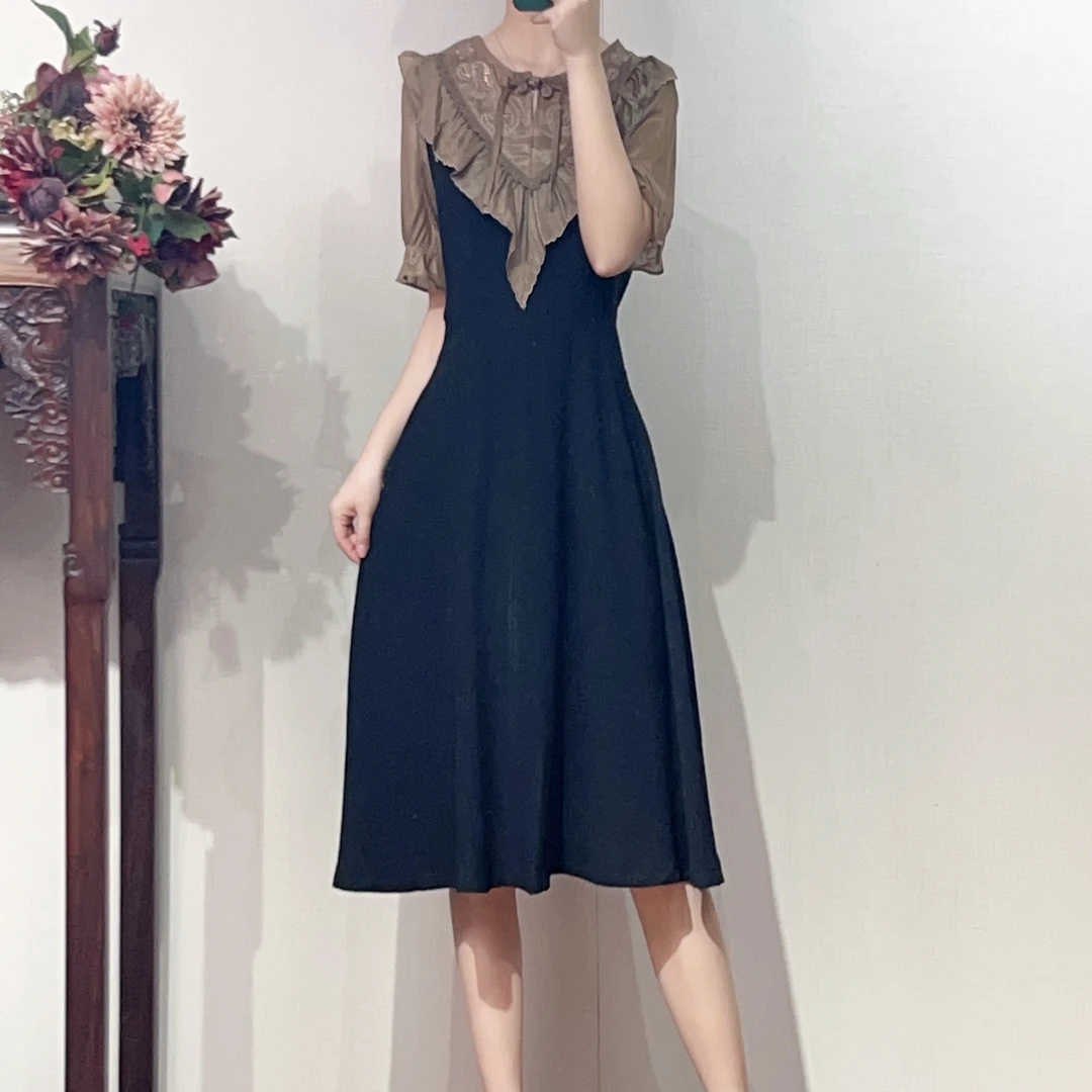 1206-减龄小个子日常修身洋气中长裙典雅复古高档连衣裙