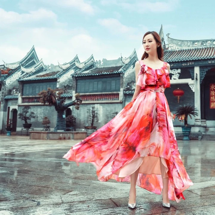 2192#夏季度假风橙花小众礼服优雅高端连衣裙