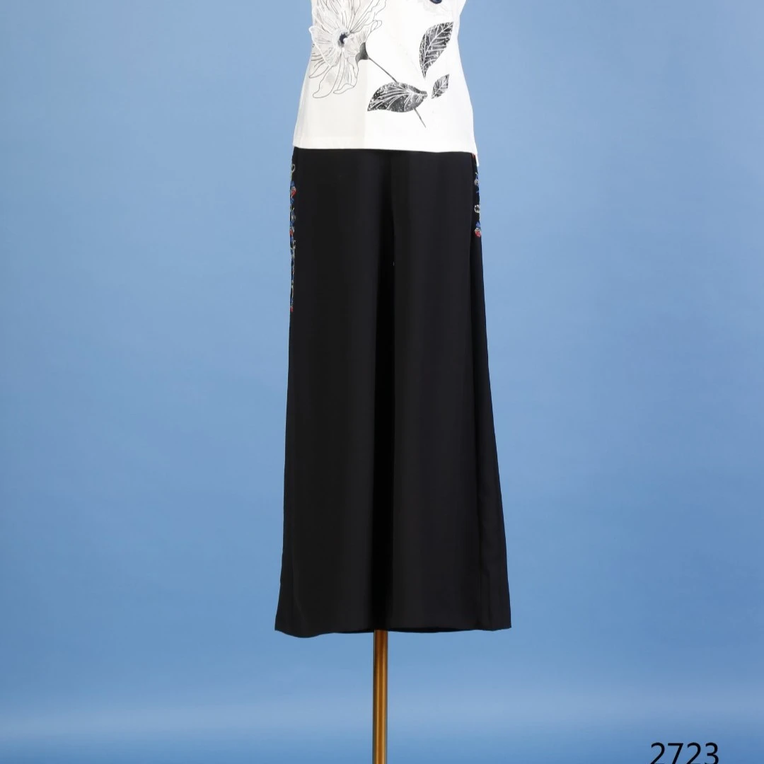 2723#九分黑色 宽松阔腿裤裤侧边绣花百 搭裤子