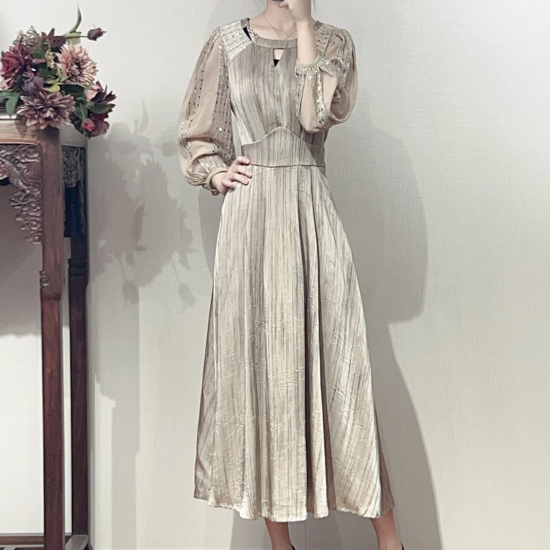 1101 - 新款秋冬优雅高贵显瘦气质金丝印花法式优雅礼服连衣裙