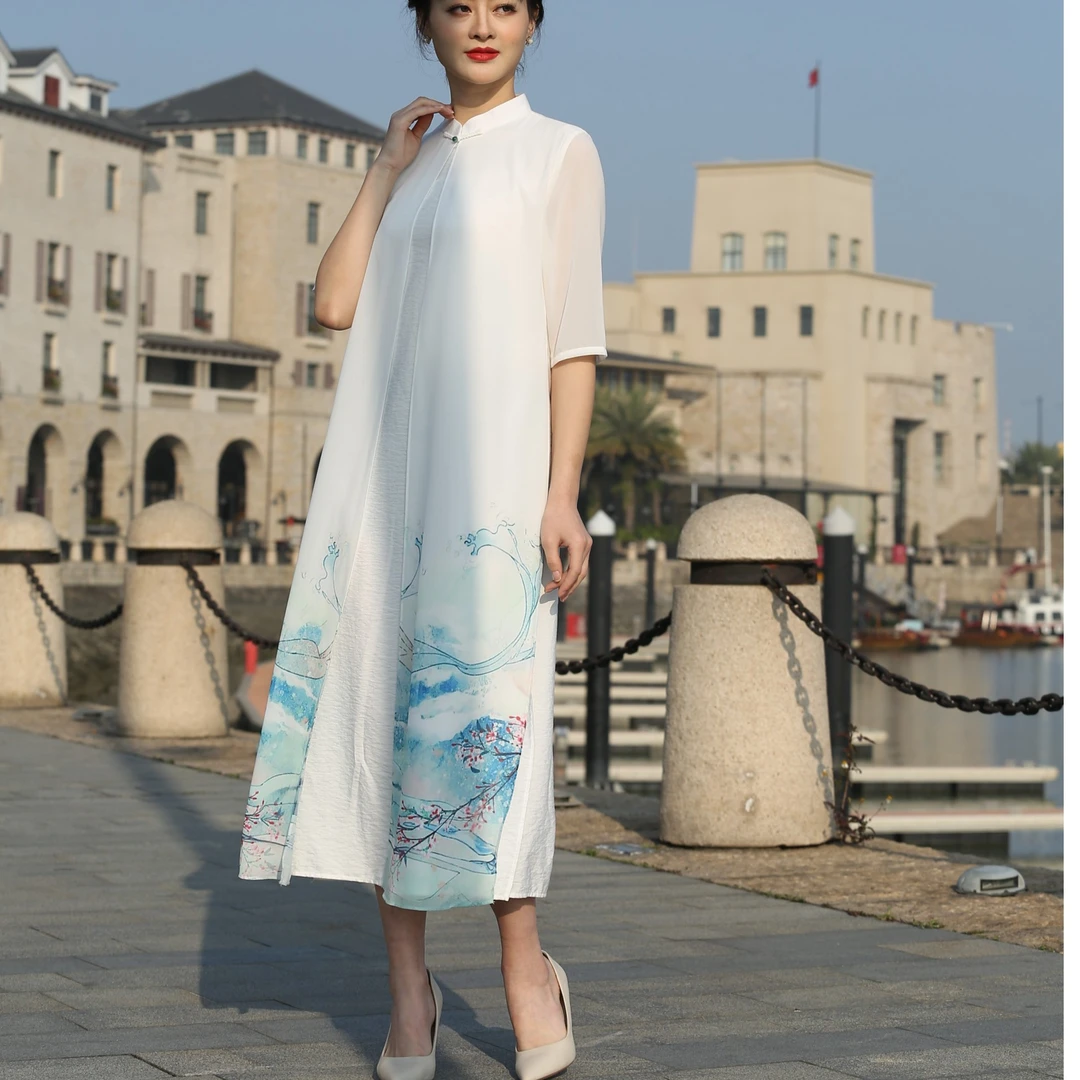 29298#高定白色山水画花假两件改良中国风复古日常修身奥黛旗袍