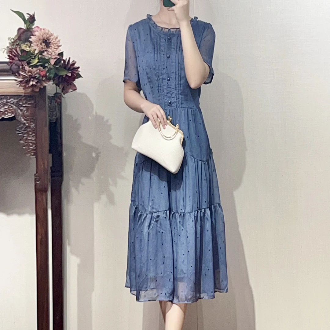 1109 - 新款法式高级设计感时尚蓝色轻奢蕾丝边女装连衣裙气质