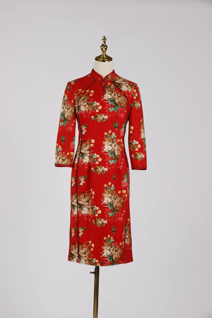 6052#秋季优雅修身显瘦气质长袖中国风女装时尚绣花旗袍中式红色