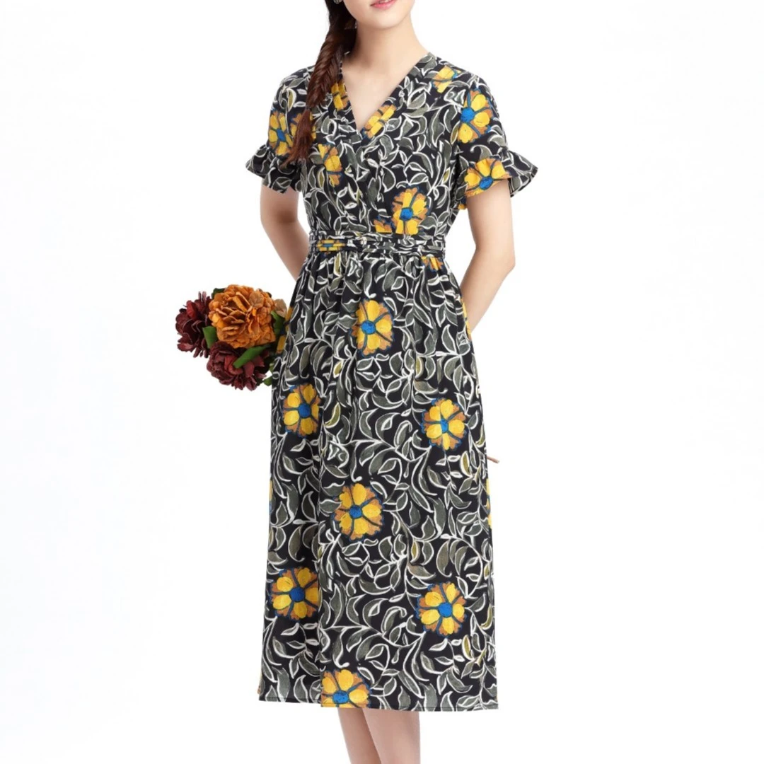 紫棉语2246#中长款黑色黄花印花收腰 夏季修身显瘦女装时尚连衣裙