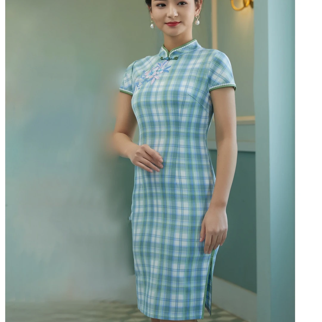 29397夏季绿色格子 弹力短款中国风时尚气质手工高端短旗袍