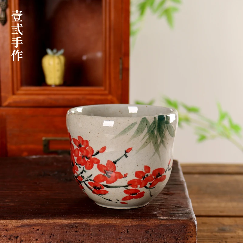 【壹弎手作】复古风手绘梅花咖啡杯美式拿铁手握拉花杯葫芦杯家用