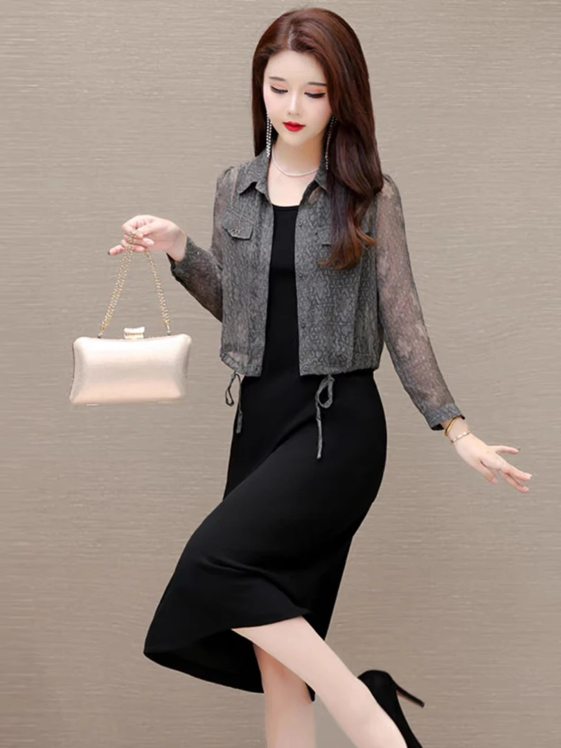 C316妈妈装小黑裙套装2024新款秋季女漂亮气质两件套高级感连衣裙