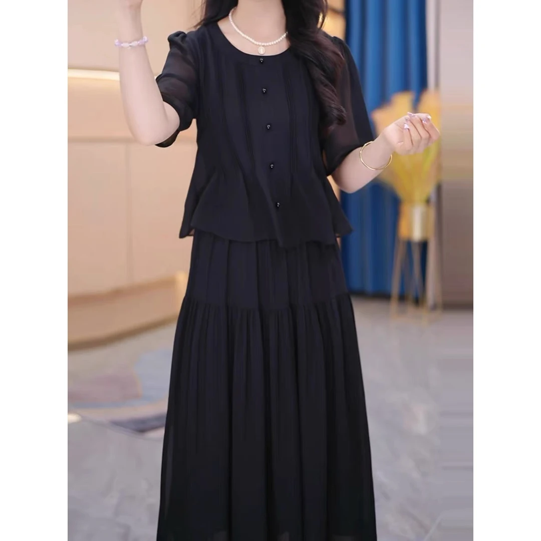 A962 高端精致连衣裙2024新款女夏季气质名媛高级感黑色雪纺裙子