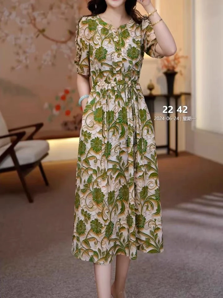 B146 女装碎花连衣裙时尚2024年夏装新款短袖收腰气质中长裙子