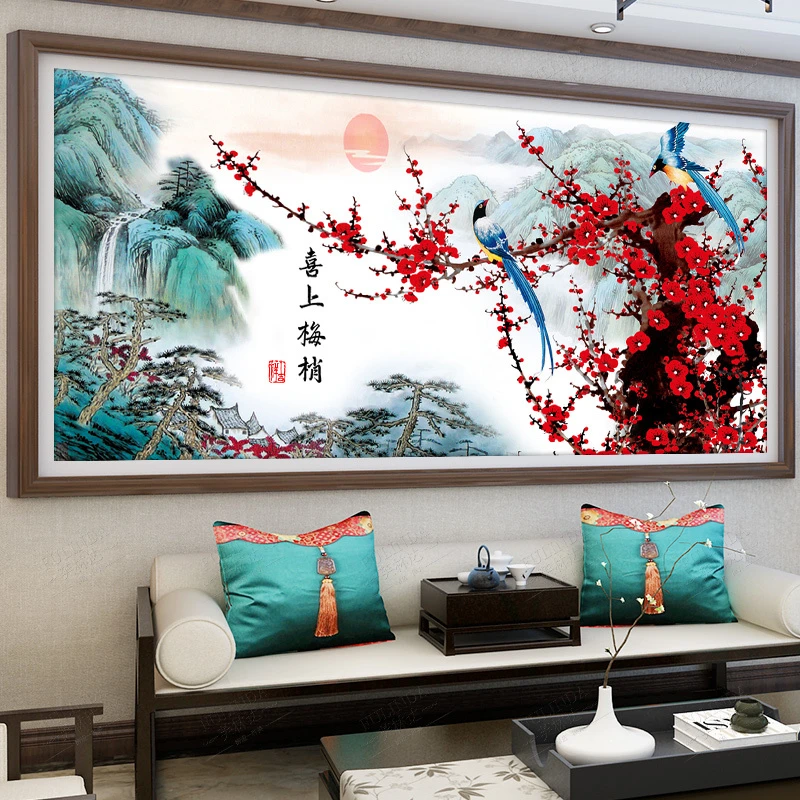 喜上眉梢十字绣2023新款线绣客厅大幅喜鹊梅花自己绣手工满绣风景
