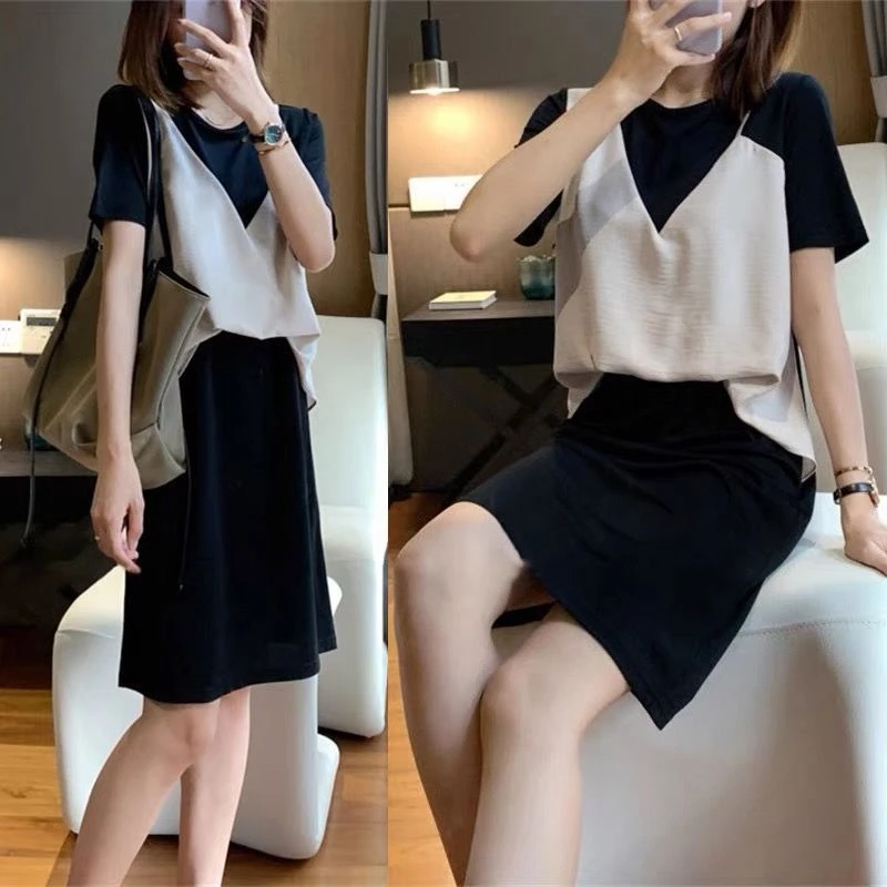 大码mm200斤气质小个子洋气假两件T恤裙夏拼接时尚休闲宽松韩版