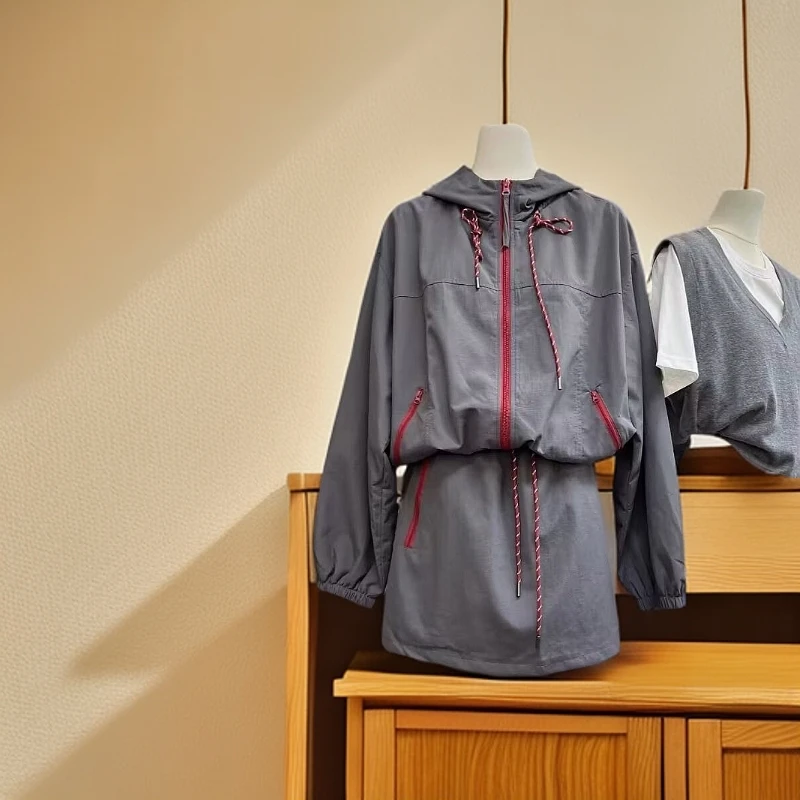 大码300斤韩版早秋东大门连帽抽绳工装外套A字短裙休闲衣服套装