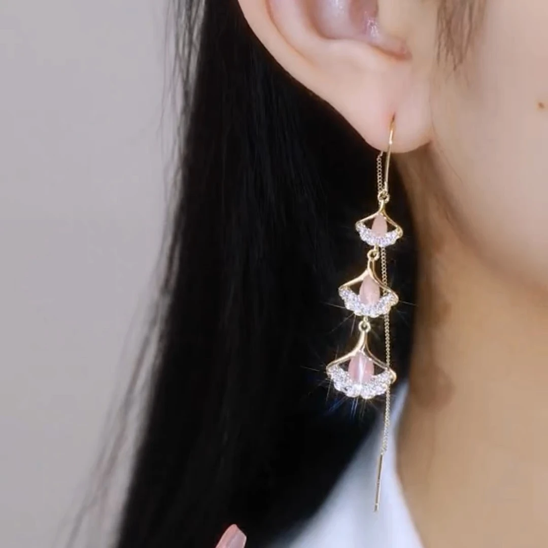铜合金耳饰 百搭时尚气质小众长款粉色耳线银杏叶三生有幸