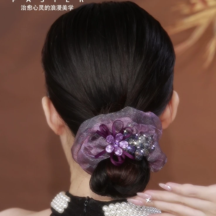 复古紫色大肠发圈女优雅气质欧根纱头绳蓬松绑发皮筋头饰