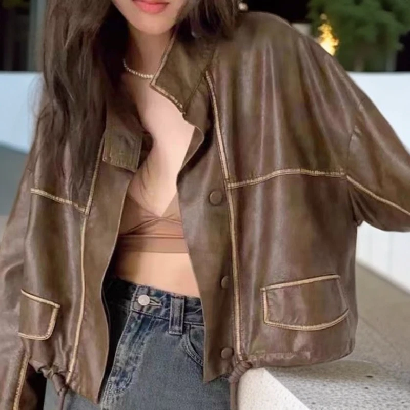 时尚设计感抽绳短外套女2024秋季新款流行小个子短款皮衣女装夹克