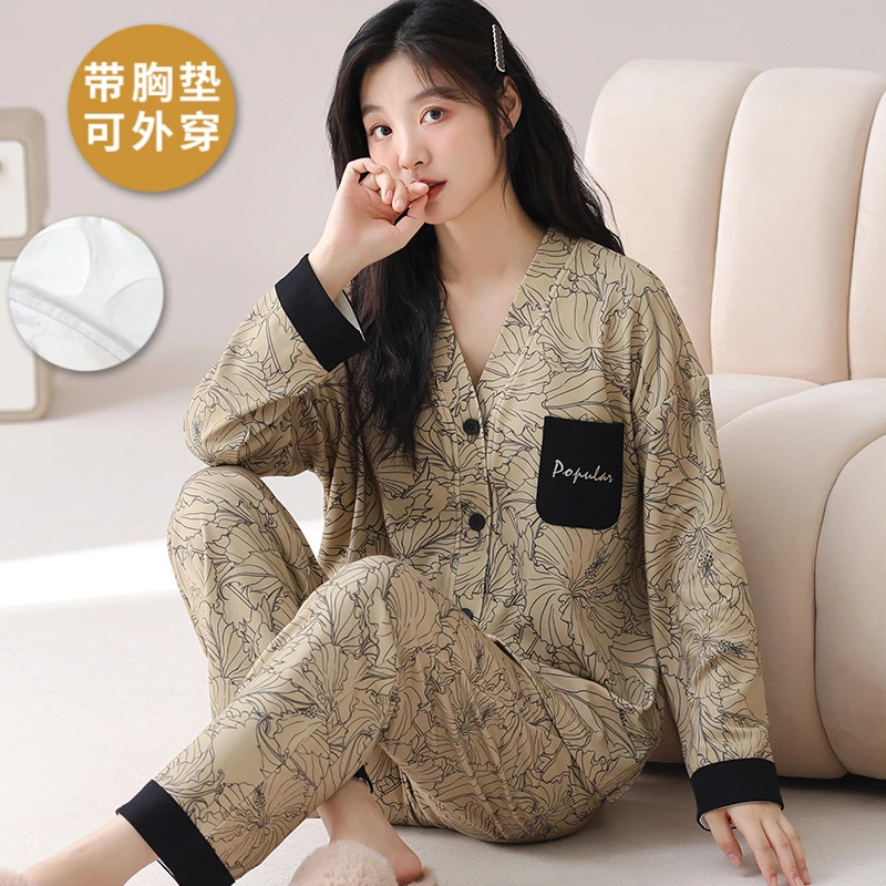 简约款睡衣女款春秋季自带胸垫一体套装加大码学生长袖和服家居服