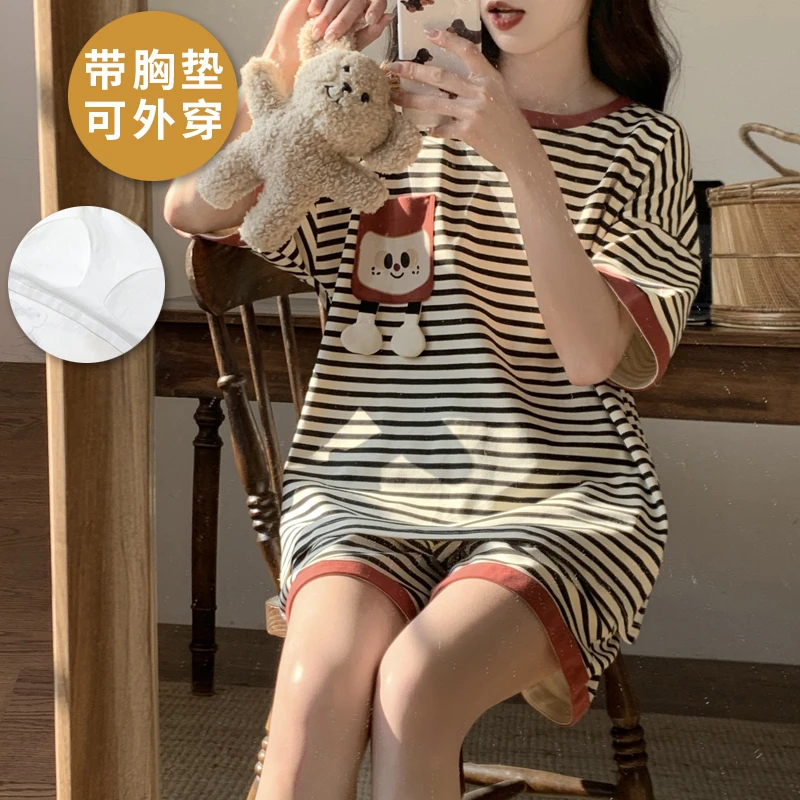 女士睡衣夏季新款条纹短袖短裤卡通休闲带胸垫可外穿家居服两件套