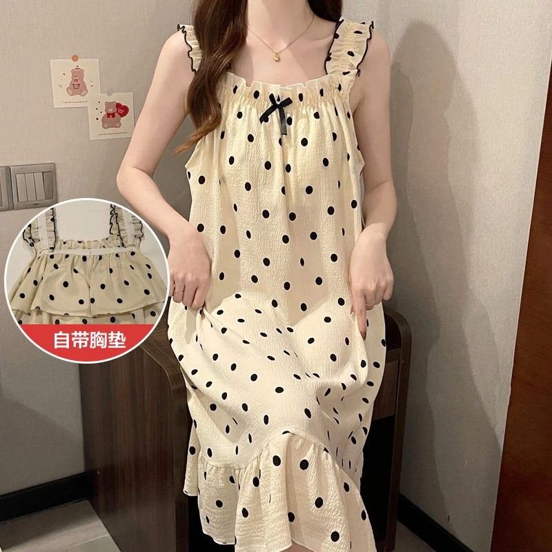 带胸垫吊带无袖背心睡裙女性感凉感家居服夏天睡衣长款休闲连衣裙