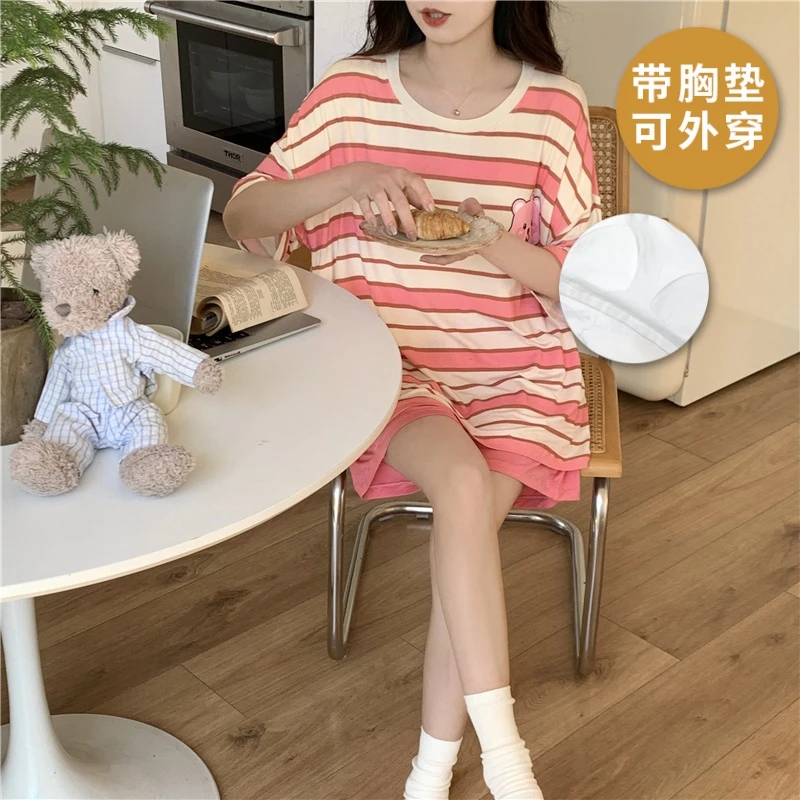 睡衣女夏天带胸垫莫代尔短袖短裤大码高级感可爱卡通休闲薄款套装