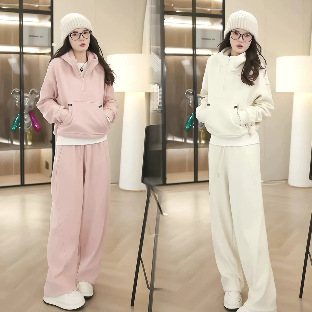 网红同款2024秋冬新款洋气加绒套装粉妆银砌时尚休闲百搭两件套女