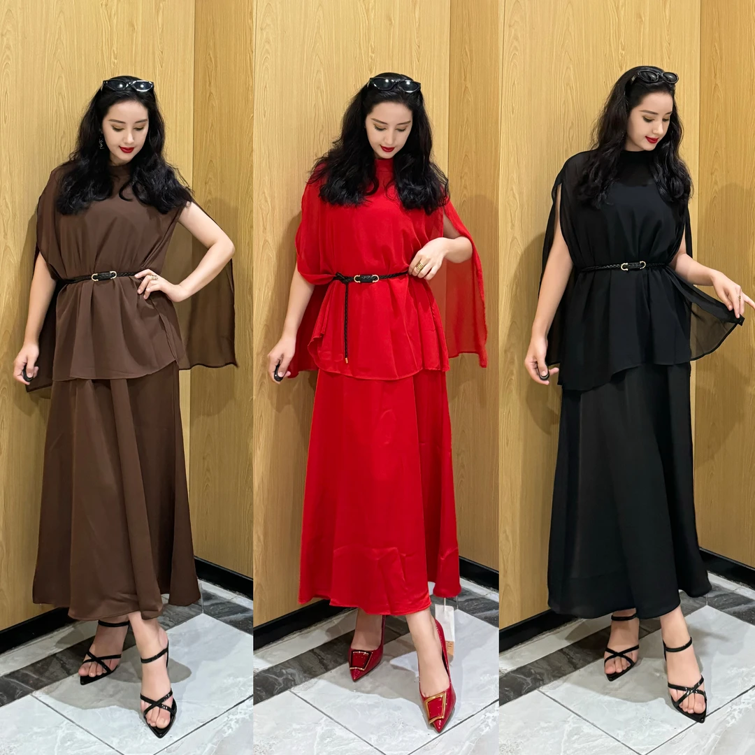 夏季新款女装时尚套装收腰宽松长款网红百搭带腰带裙子均码两件套