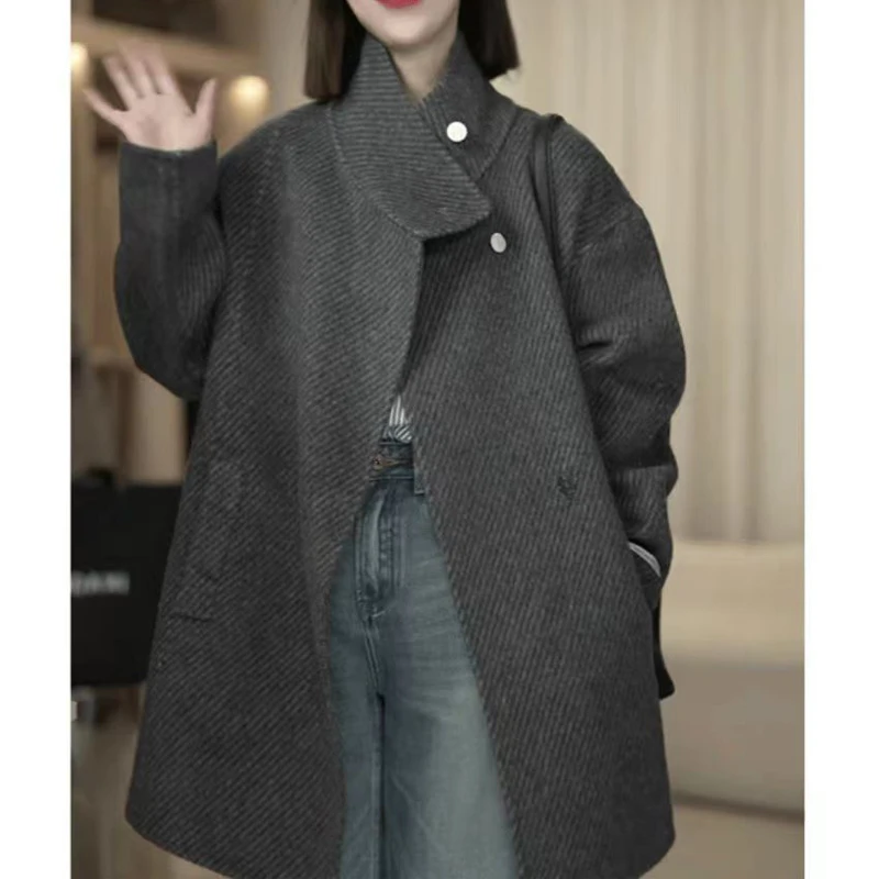 春秋冬季新款女士双面呢外套毛呢大衣中长款风衣时尚洋气DF-98019