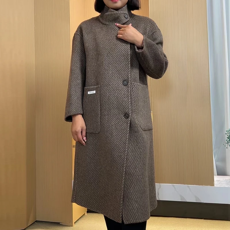 秋冬季新款女士双面呢外套毛衣大衣长款过膝风衣时尚气质DF-98015