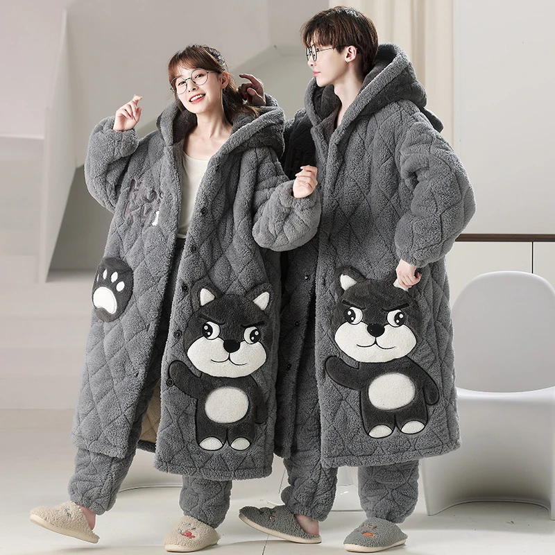 情侣睡袍卡通三层夹棉加绒男生女冬季青少年大码大学生睡衣可外穿