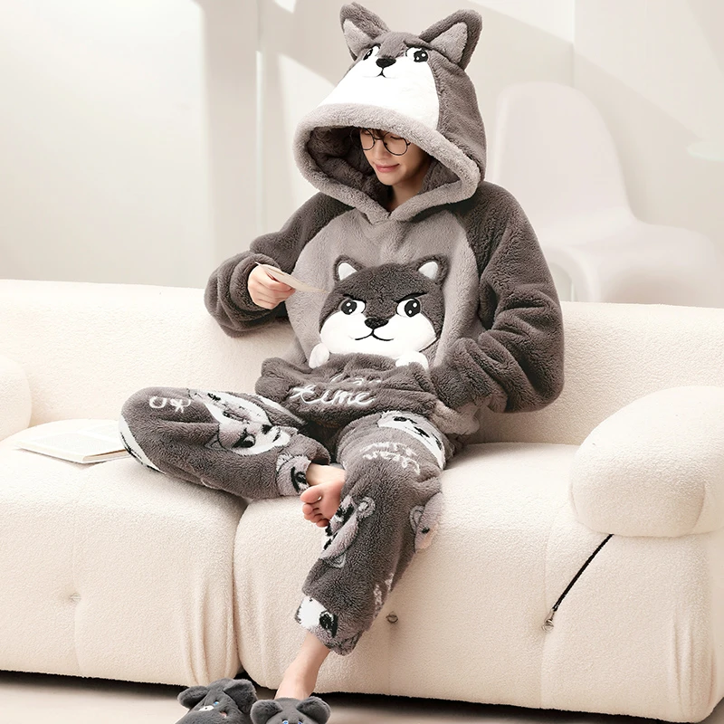 睡衣男秋冬季珊瑚绒加绒加厚卡通大码青少年男士法兰绒家居服套装