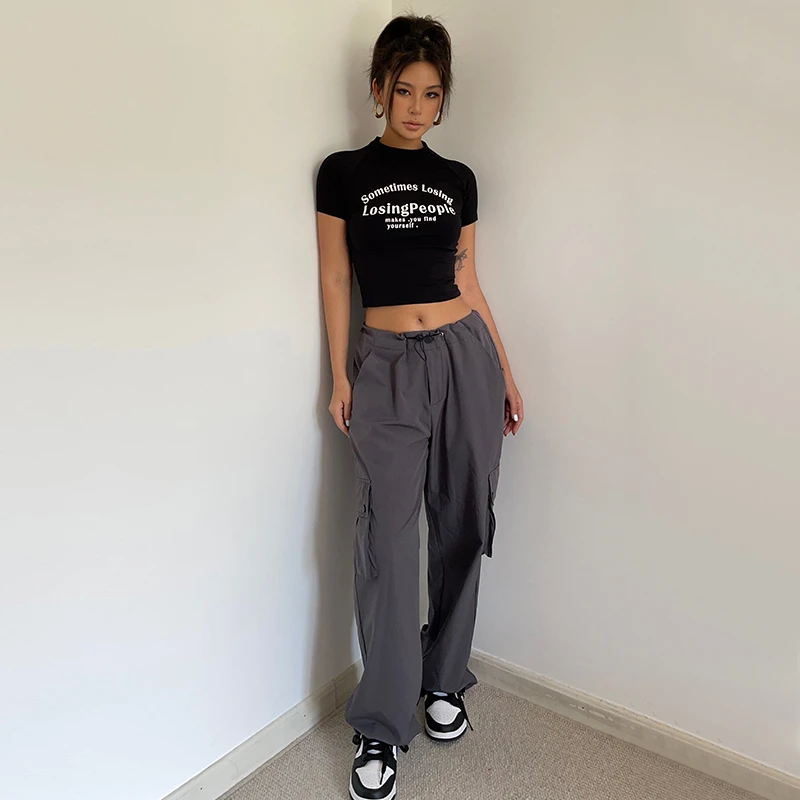 自制美式运动风抽绳可调节个性多口袋工装裤梨形身材直筒速干裤