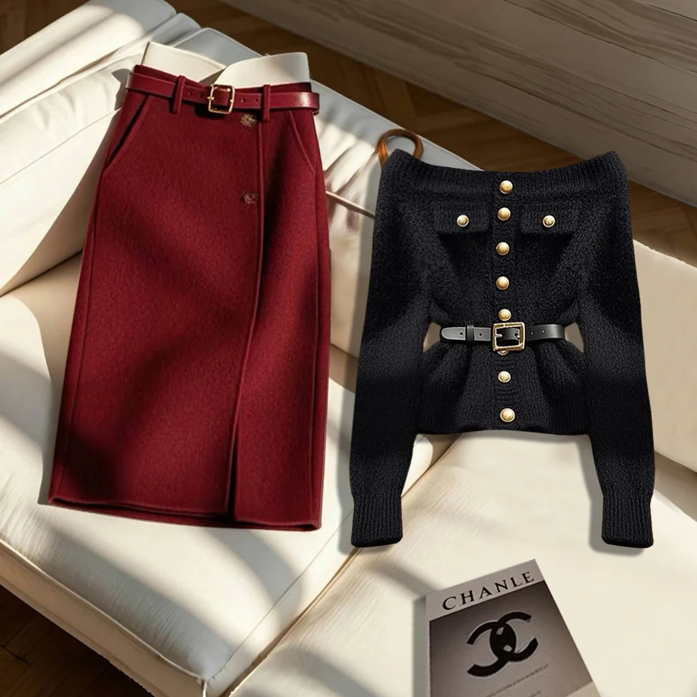 韩系高级设计感超好看一字肩洋气上衣2024秋冬季直筒中长半身裙女