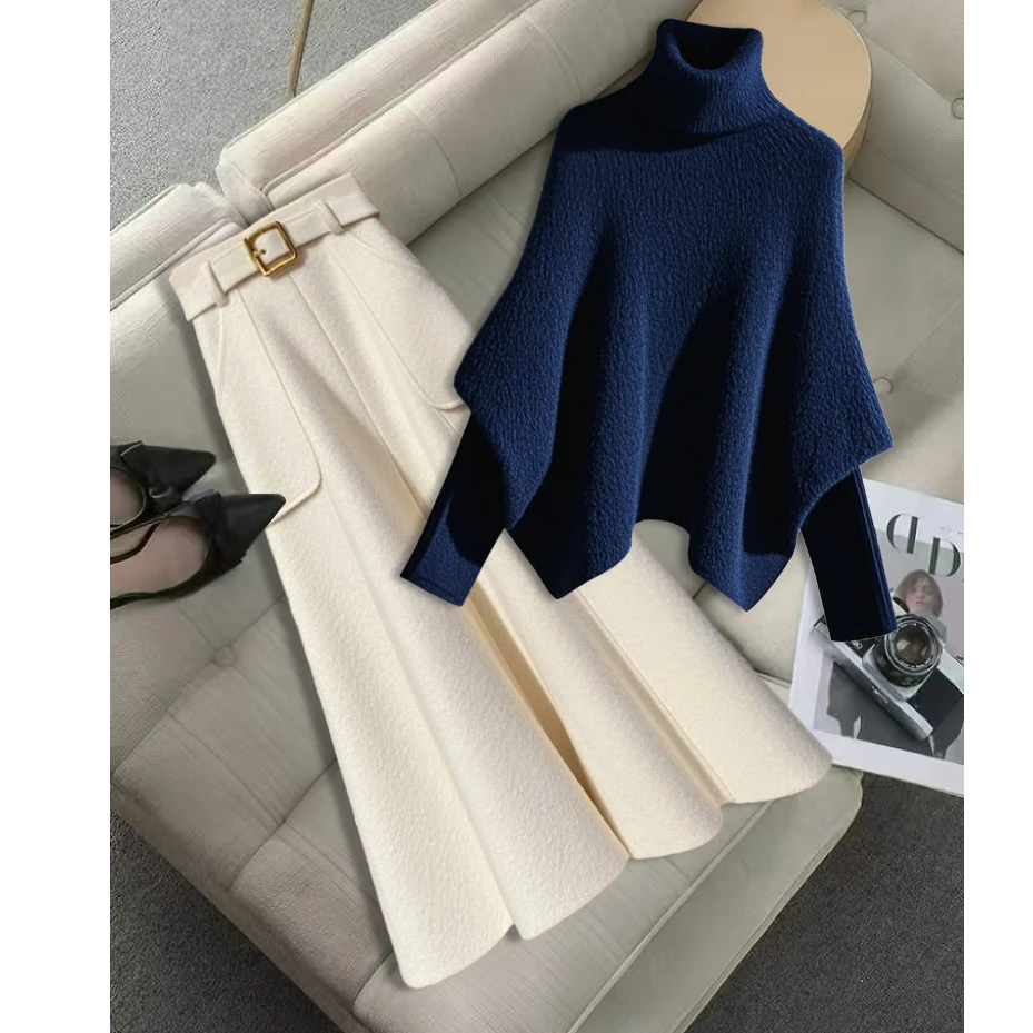 2025秋冬季穿搭一整套高级感超好看简约时尚斗篷毛衣半身裙两件套