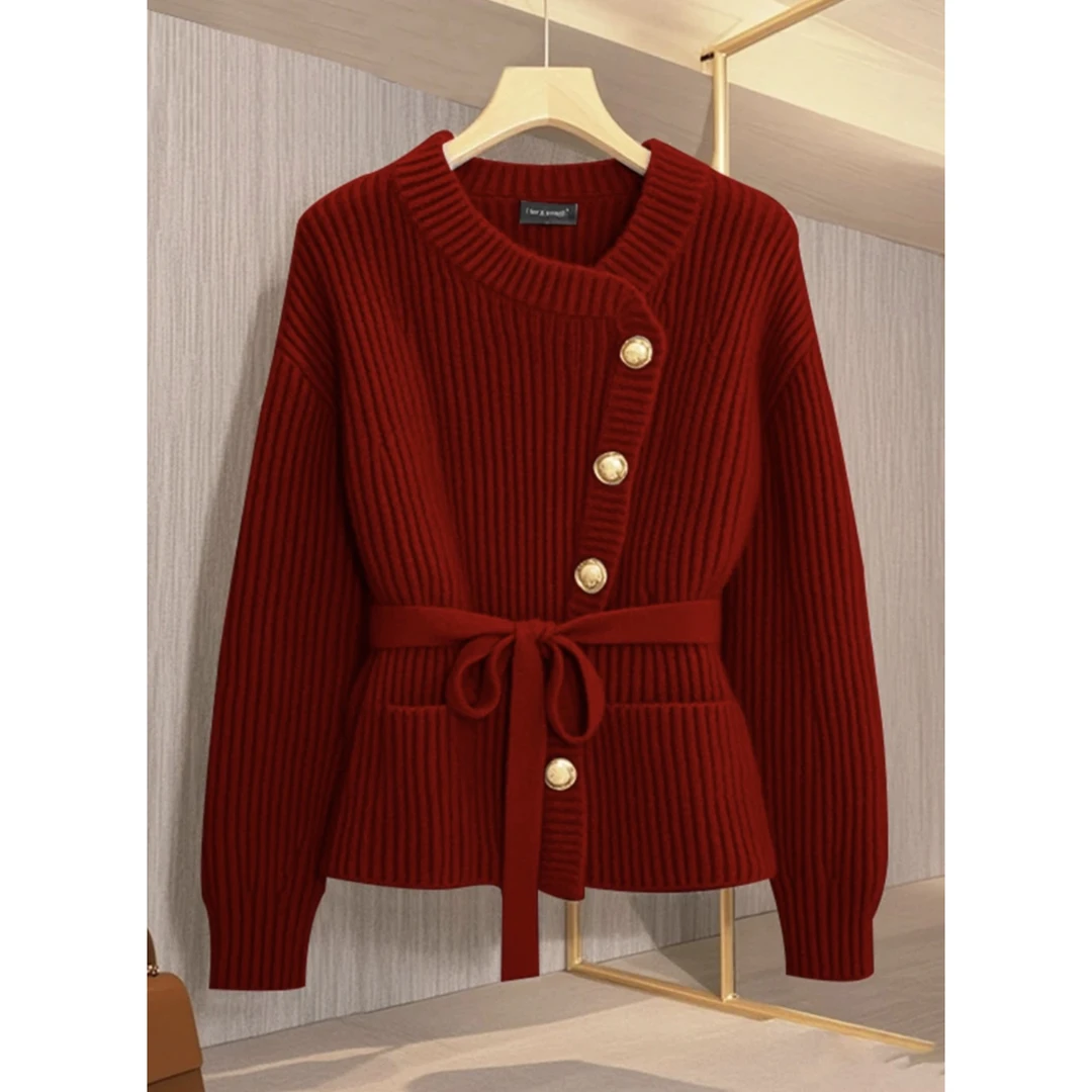 2025年冬季独特别致针织衫上衣慵懒高级感超好看酒红色毛衣外套女