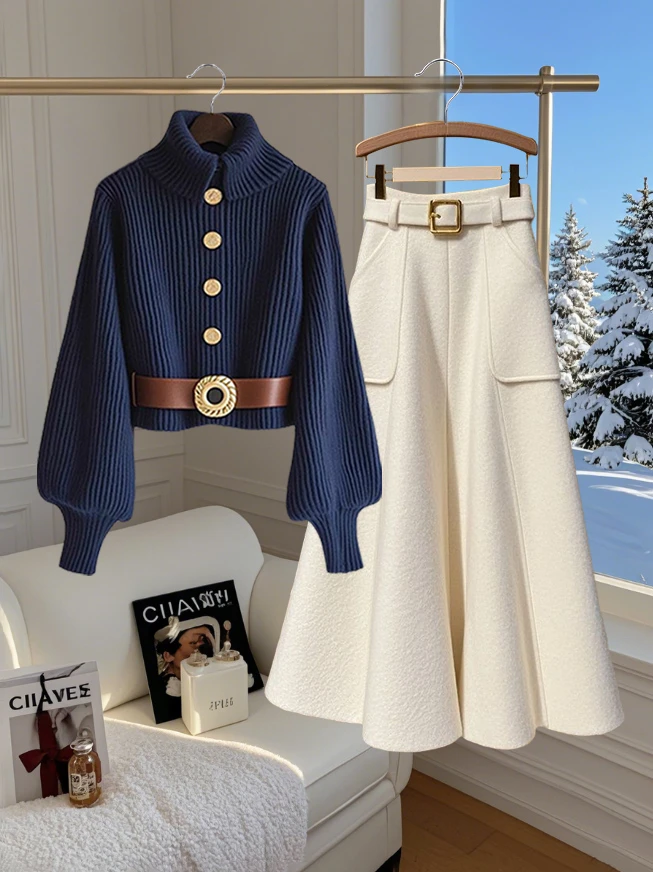 2025秋冬季穿搭一整套高级感轻奢慵懒针织毛衣超好看半身裙两件套
